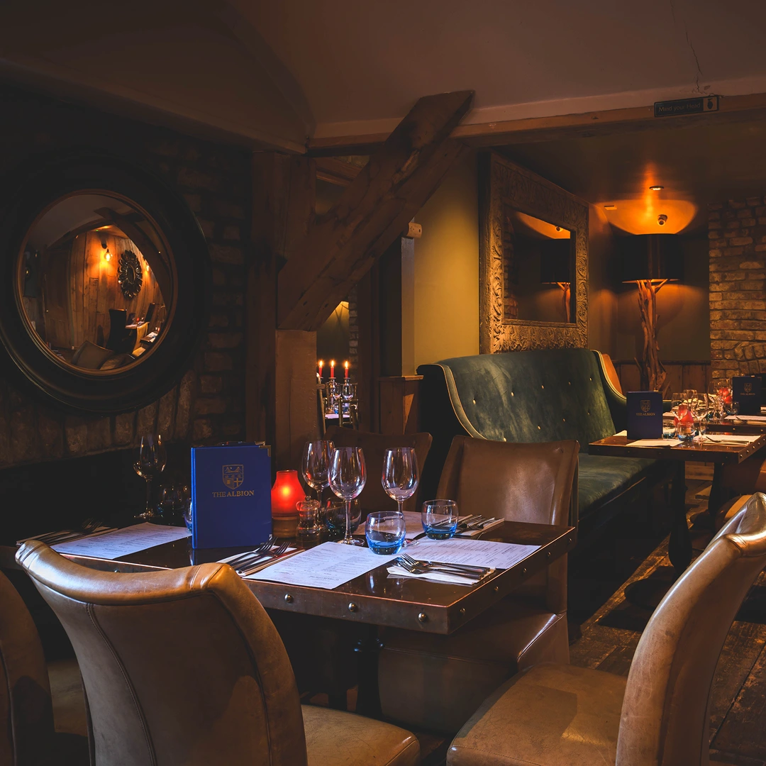 Upstairs Dining Room At The Albion Bristol With Exposed Timber Beams Candlelit Tables And Leather Chairs Clifton Village